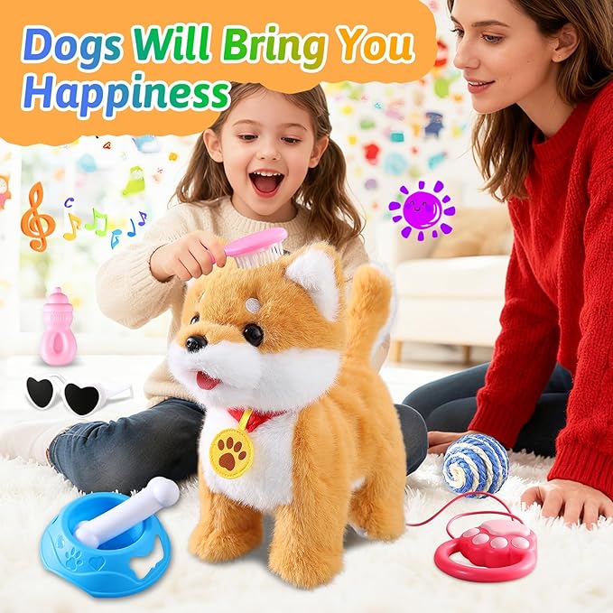 Walking Barking Singing Corgi Puppy Toy, Repeats What You Say, Realistic Licking Tongue Wagging Tail Mechanical Dog with Touch or Voice Control, Interactive Music Dancing Plush Pet for Kids