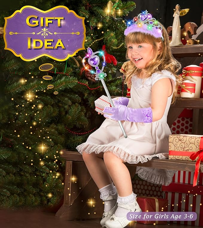 Princess Crown Tiara for Little Girls Princess Dress Up Accessories, Light Up Tiara Wand Toy Gifts for 3-6 Girl