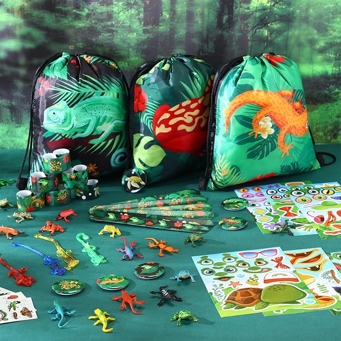 Paterr 94 Pcs Reptile Party Favors Reptile Birthday Party Supplies Decorations Include Gift Bags Slap Bracelets Badges Tattoos Stickers frog Lizard Toys Stretchy Sticky Toys for Boy Girl