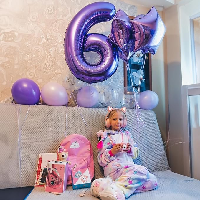 Purple Number 6 Balloon for Girls 6th Birthday, 40 Inch Number Foil Balloon 6, Mylar Helium Large Balloon for Kids 6 Years Old Birthday Party Decor Anniversary Graduation Party Decorations Supplies