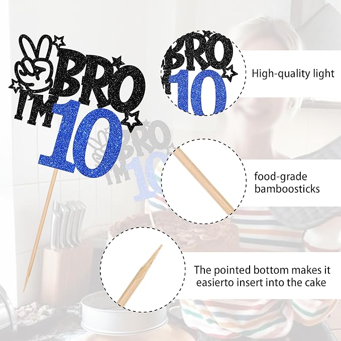 1 PCS Brother I'm 10 Cake Topper Glitter Star Happy 10th Birthday Cake Pick Bro I'm 10 Cake Decoration It's My 10th Birthday Decorations for Boys Cheers to 10 Years Old Birthday Party Supplies Blue
