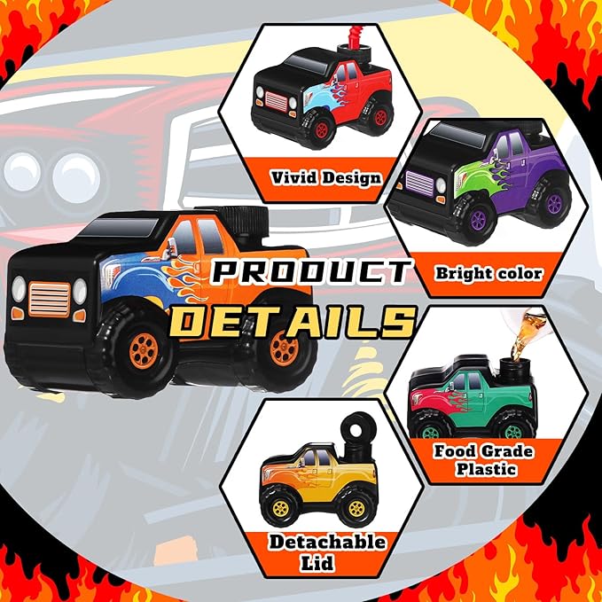 Tanlade 12 Pcs Monster Truck Road Cups with Straws, Plastic Vehicle off Road Drink Cup Reusable Truck Cups Bulk Race Car Birthday Party Favor Supplies for Racing Party Supplies (Splicing Color)
