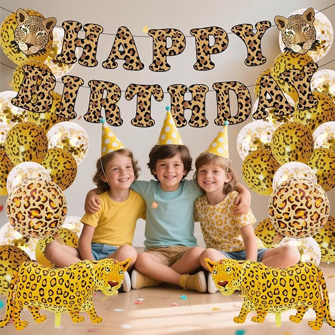21 Pcs Cheetah Birthday Party Decorations Leopard Happy Birthday Banner Cheetah Gold Balloons Leopard Balloons for Boy Girl Baby Shower Party Supplies