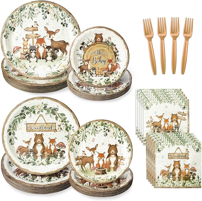 96 Pcs Woodland Baby Shower Party Supplies - Serves 24 Guests, Safari Jungle Animal Party Decorations Include Plates and Napkins, Forks