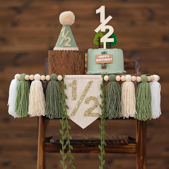 1/2 Birthday High Chair Banner For Half Way To One Party Decorations Wood Bead Tassel Garland Green Crown Hat Wooden Cake Topper Happy Half Year Party Photoshoot Props