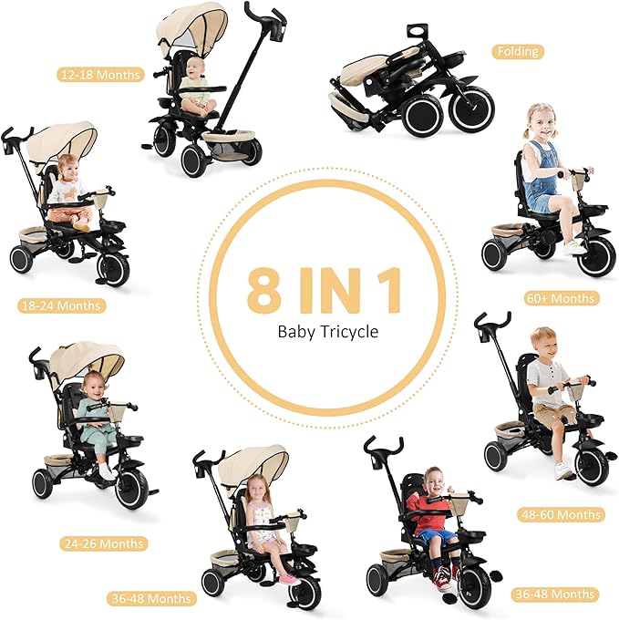 Folding Kids Tricycle, 8 in 1 Toddler Trike W/Removable & Adjustable Canopy, Parent Handle, 5-Piont Harness, Toddler Bike Tricycle for Kids 1-6 Years, EVA Wheels, Storage Basket, Khaki