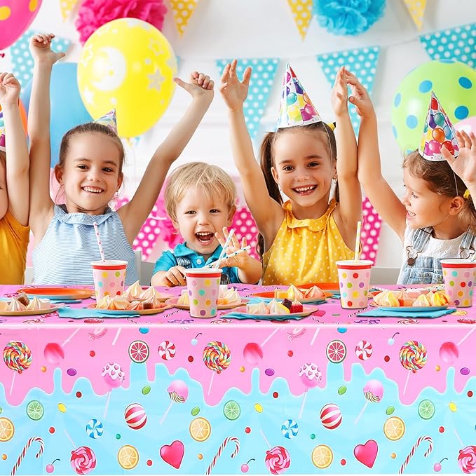 4 Pieces Candyland Plastic Tablecloth Candyland Sweet Party Decorations Colorful Lollipop Pink Table Covers for Candy Land Birthday Baby Shower Sweet Party Supplies