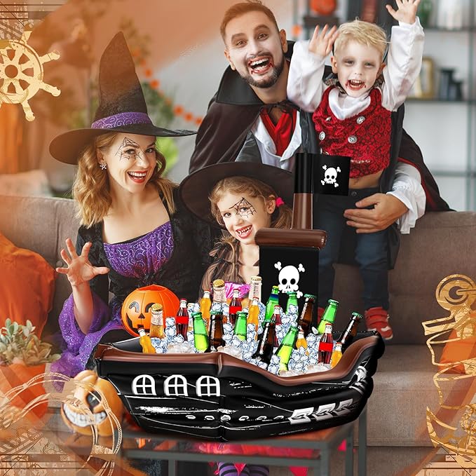Zhanmai Inflatable Pirate Ship Drink Cooler Inflatable Serving Bar Food Container for Summer Carniva Mardi Gras Pirate Birthday Party Favor Supplies Decorations(Classic Colors,Skull Flag)