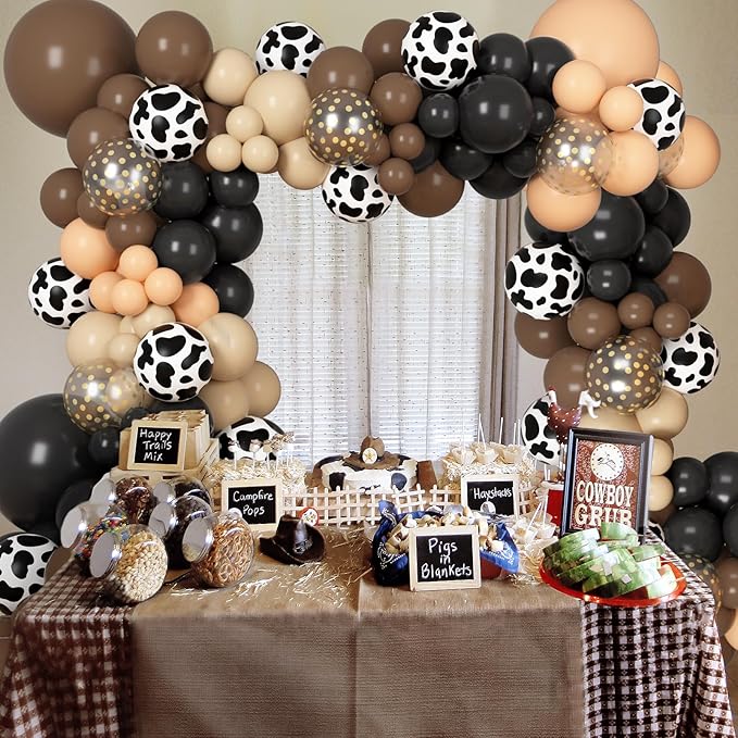 170Pcs Western Cowboy Balloon Garland Arch Kit, Black Brown Confetti Cow Print Balloons for Hourse Western Farmland Cowboy Cowgirl Animal Themed Baby Shower Birthday Party Decorations Supplies