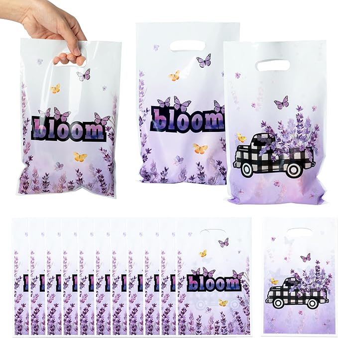 50Pcs Lavender Bloom Party Favor Bags - Blossom Purple Flower Plastic Waterproof Goodie Bag Butterfly Floral Spring Gift Party Favor for Kids Birthday Baby Shower Decoration Supplies