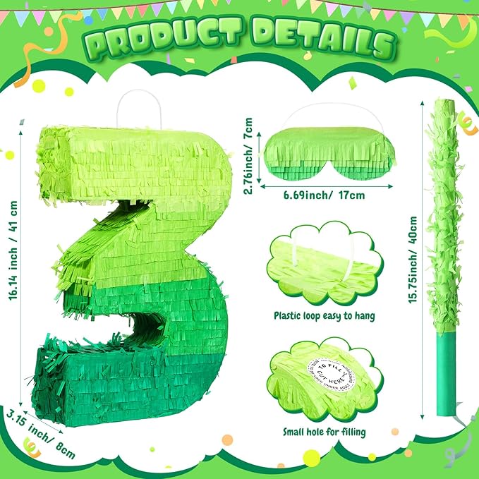 Number Piñata Decorations 16 Inch Gradient Green Piñata with Blindfold Stick and Confetti for Birthday Baby Shower Safari Jungle Themed Party Supplies Centerpiece(Number 3)