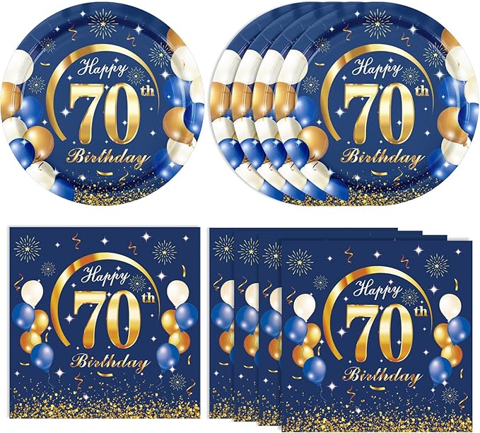 40PCS 70 th Birthday Decorations For Men Navy Blue and Gold Happy Birthday Party Decorations Include Plates Napkins for 70th Birthday Anniversary Party Supplies Decor