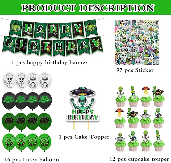 127 Pcs Alien Theme Birthday Party Supplies Include Alien Banner Balloons, Cake Topper, Cupcake Toppers, Stickers for Kids UFO Alien Birthday Party Decorations
