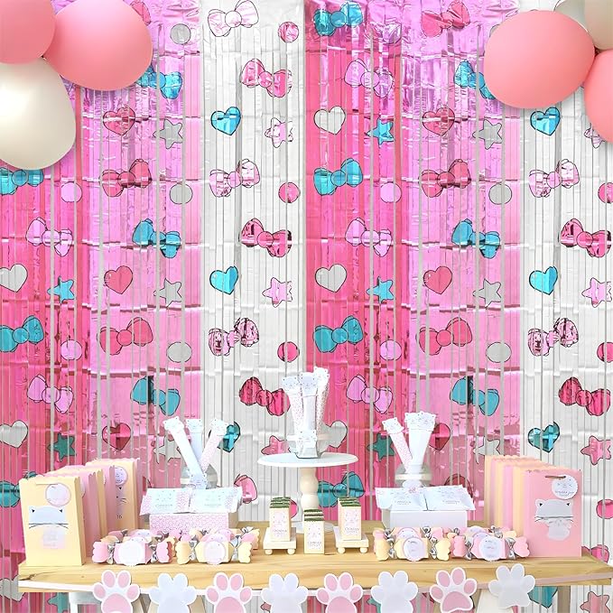Kawaii Birthday Decorations, 2 Pack Cartoon Cat Theme Party Supplies, 3.3 x 6.6ft Tinsel Foil Fringe Curtains, Bow Photo Booth Props, Backdrop Streamers, Perfect Room & Doorway Decor for Girls