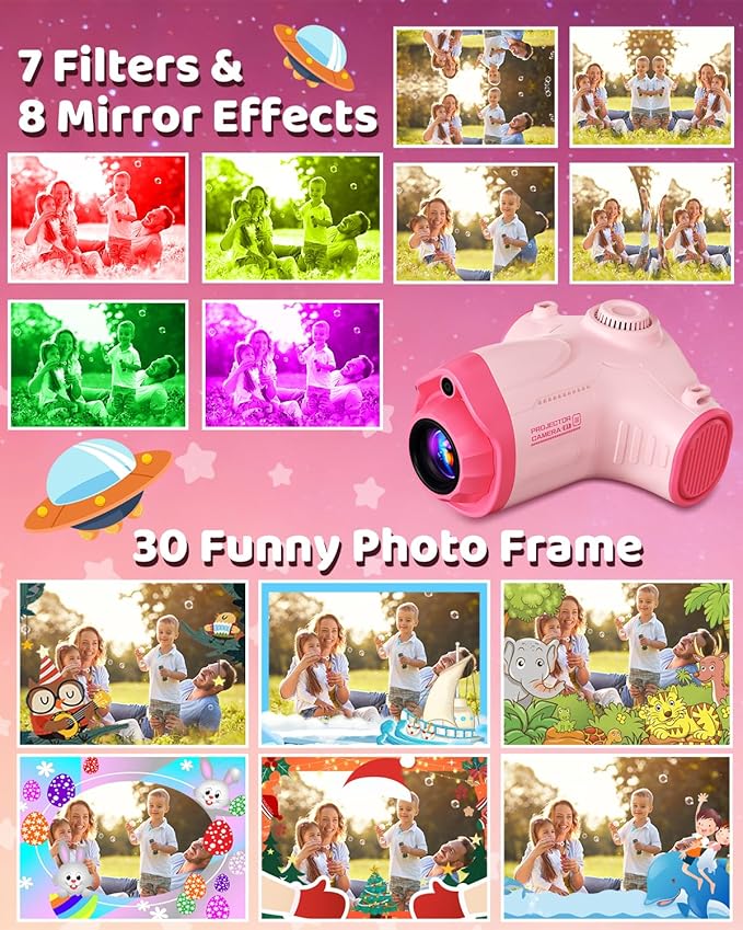 Kids Camera with Projector, 1080P HD Digital Camera for Kids Ages 3-12, 48MP Photo Video Recorder with Stand 32GB SD Card Included, Christmas Birthday Gifts Toy for Girls Boys (Pink)