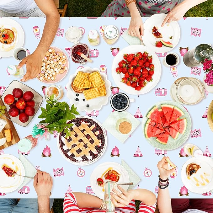 Table Cover Party Decor - 3 Pack Pink Camping Themed Disposable Plastic Rectangle Table Cloths Birthday School Christmas Holiday Party Favors Classroom Decoration Supplies Games Activities