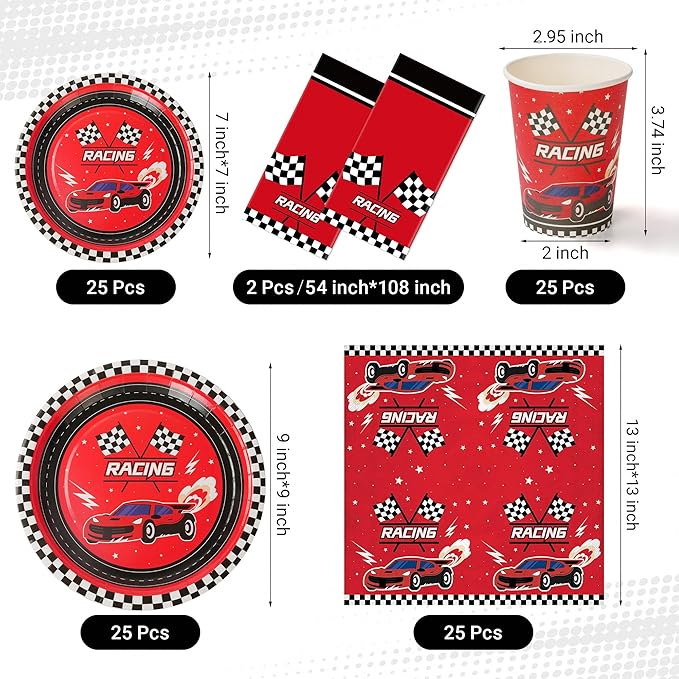 Childom 102 PCS Racing Car Tableware Sets,Race Car Birthday Party Supplies,Disposable Racing Tablecloths,Plates Cups Napkins,Cars Themed Tableware Set for Boys Birthday,Kids Parties,Racing Party Decor