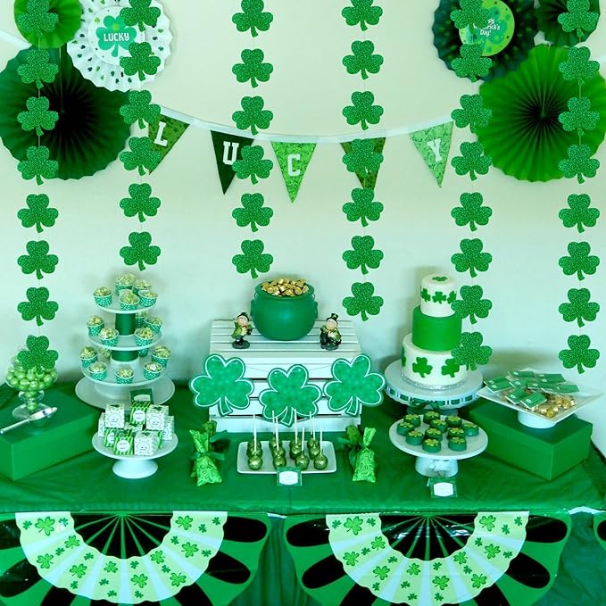 6Pcs Green St Patricks Day Garland Saint Patricks Shamrock Garland Hanging Shamrock St. Patrick's Day Garland Decorations for Home Mantel Office Irish Day Party Supplies (NO DIY)