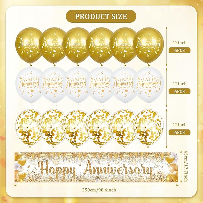 Happy Anniversary Decorations Banner with Balloons Set - Large Gold and White Backdrop Background Sign and Confetti Latex Balloons Kit for Wedding Anniversary Party Supplies, Indoor Outdoor Yard Decor