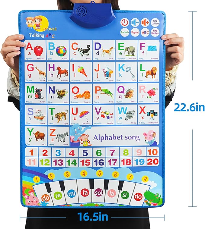 Educational Talking Toy Spanish English Wall Chart Piano Music Poster Numbers 1-20 Kids Montessori Toys Interactive Educational Toy Learning Gift for Toddlers 2-4