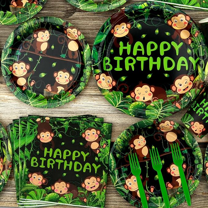 Monkey Party Supplies - Monkey Party Tableware - Dinner Plates, Dessert Plates, Napkins, Forks for Wild Jungle Animal Monkey Theme Birthday Supplies, Serves 25