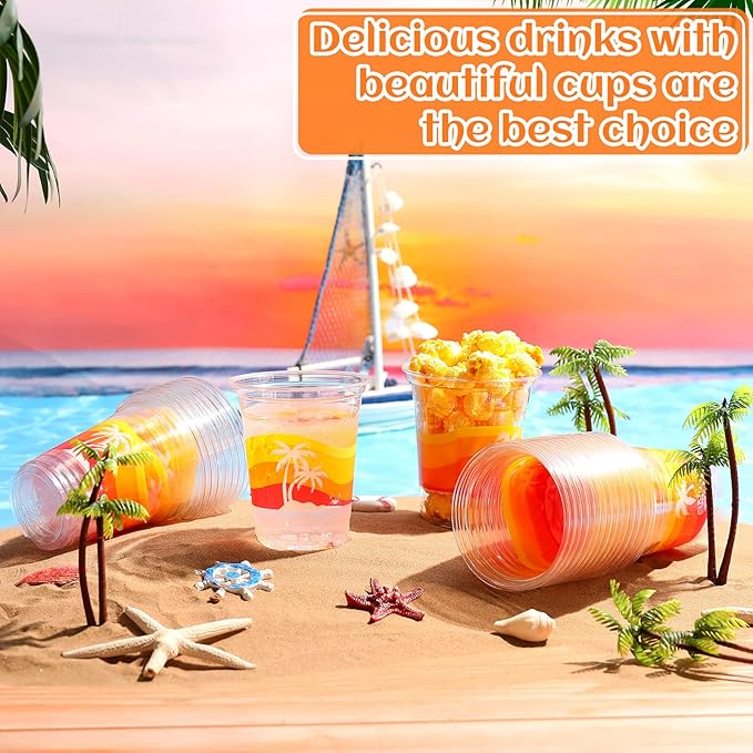Rtteri 100 Pcs 12oz Luau Cups Plastic Hawaiian Coconut Tree Drinking Cups Bulk Disposable Palm Tree Tiki Drinkware for Summer Beach Party Supplies Luau Hawaiian Decorations(Beach)