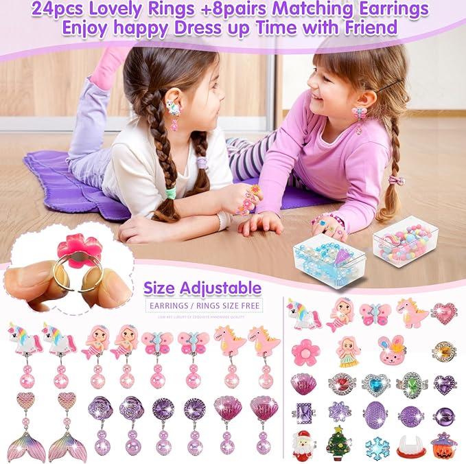 Kids Toys for Ages 5-7 Girls Jewelry Box, Toddler Toys For Girls 8-10, Clip on Earrings Adjustable Rings, Unicorn and Mermaid toy for Pretend Play & Dress up 3 4 5 6 Kids Birthday Christmas Gifts