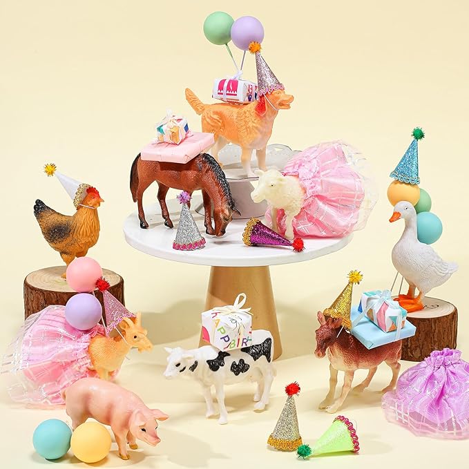 Weysat 41 Pcs Farm Animal Cake Topper Figures Birthday Party Decorations with Mini Hat and Skirt, Colorful Balls, Jungle Toppers Decoration with Gift Boxes for Themed Party Supplies(Farm)