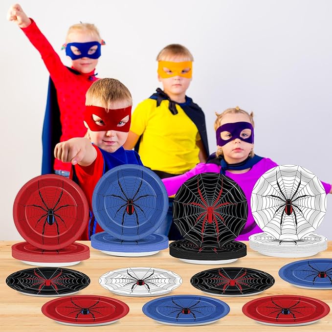 48PCS Spider Party Supplies 7" Super Theme Hero Birthday Parties Dessert Plates Spiderweb Themed Decorations Comic Heroes Tableware Set Cartoon Disposable Paper Plate for Spider Fans Kids Boys Favor