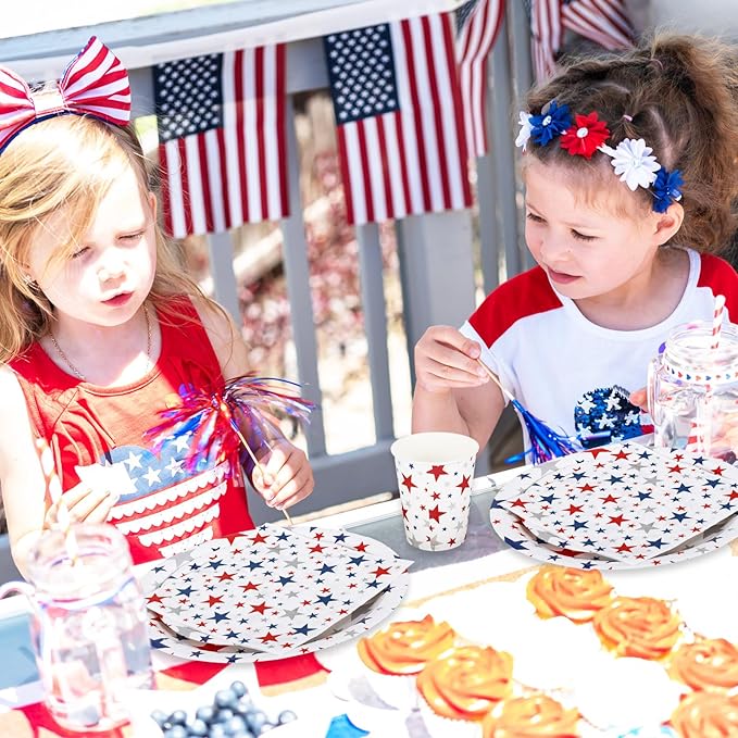Whaline 96Pcs Patriotic Party Tableware Set with Paper Plates Napkins Cups Red Blue Silver Stars Independence Day Disposable Dinnerware Set for 4th of July Veterans Day Memorial Day Party Table Decor