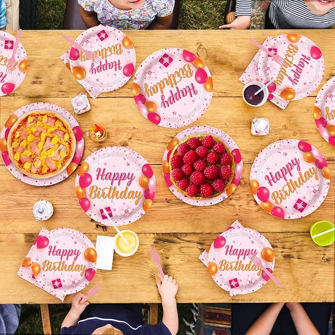 96Pcs Pink and Orange Birthday Party Decorations Pink and Orange Plates and Napkins Disposable Tableware Sets for Sunset Theme Birthday Party Decorations Serves 24