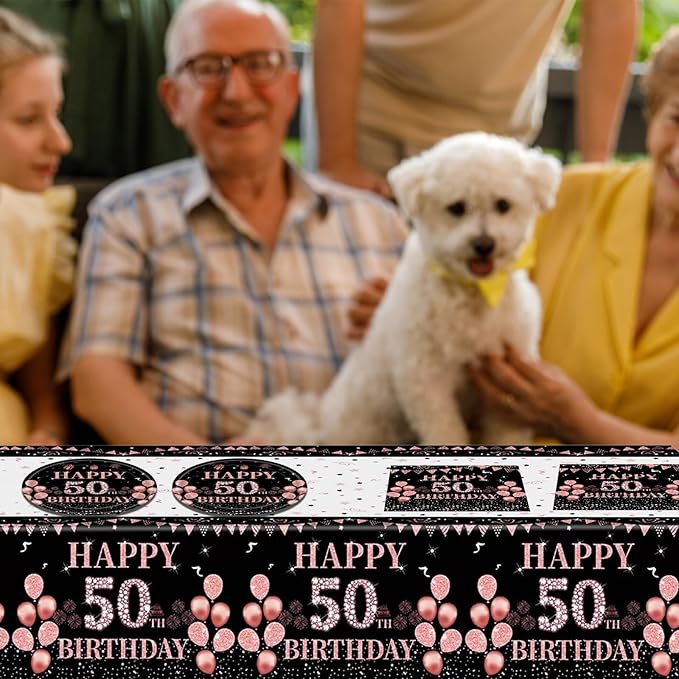 41Pcs 50th Birthday Decorations for Women, Vintage 50 Birthday Black and Rose Gold Disposable Paper Plates and Napkins Party Supplies for 20 Guests, 41Pcs Include 7" Plates Napkins and Tablecloth