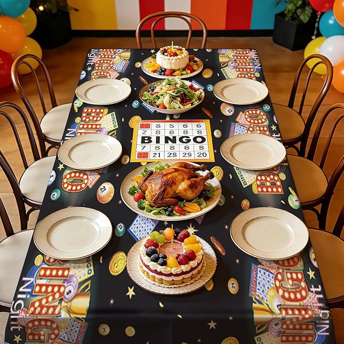 Grencian 3Pcs Bingo Tablecloth Bingo Night Table Cover Plastic Rectangle Black Game Night Table Cloth Party Decorations for Adult Boys Girls Family Game Birthday Bin-go Theme Party Supplies 54" x 108"