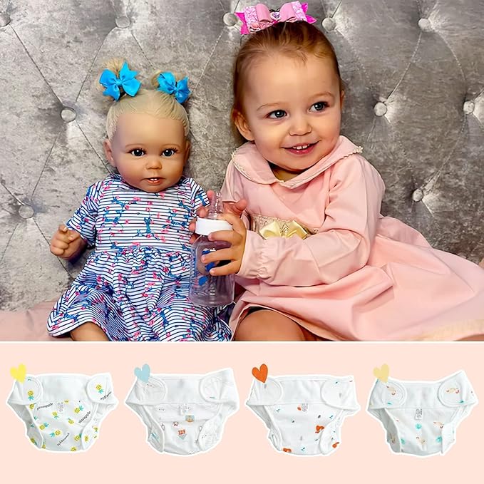 JIZHI 4 Pcs Reborn Baby Doll Diapers Reusable for 17-24 Inch Babydolls, Dolls Underwear Washable Dolls Diapers with Cute Patterns for Lifelike Reborn Baby Doll Accessories
