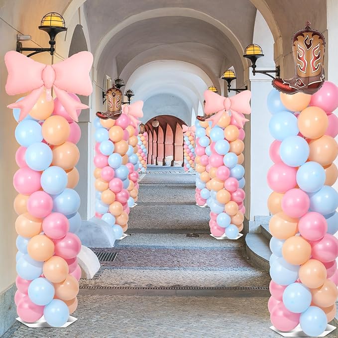 2 Sets Boots or Bows Gender Reveal Decoration Balloon Column Stand Kit with 102 Blue Pink Balloons 5.57ft Balloon Tower Stand with Base Arch for Western Cowgirl Cowboy Baby Shower Party Decor Supplies