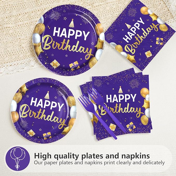 96Pcs Purple and Gold Birthday Party Decorations for Women Purple and Gold Happy Birthday Plates and Napkins Sets Princess Decorations for Girls Lady Bday Party Supplies Serves 24