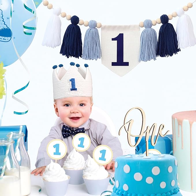 Baby Boy Blue White 1st Birthday Highchair Banner Wood Bead Tassel Garland Crown Hat Wooden Cake Topper Photo Backdrop