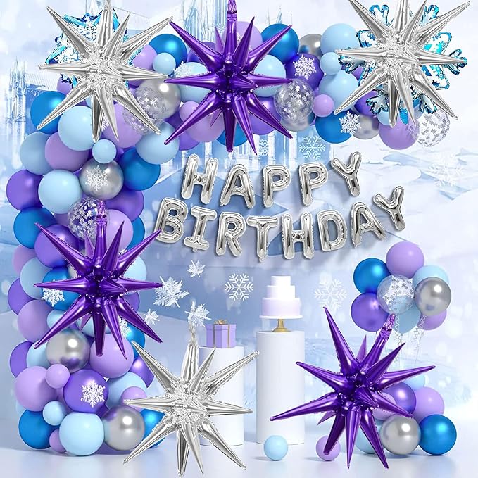 6 Pcs Silver Star Foil Balloons One-Piece 14-Pointed Star Balloon 4D Starburst Cone Mylar Balloon 22inch Christmas Birthday Wedding Wedding Anniversary Party Supplies (Silver + Purple)