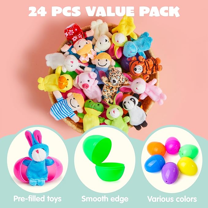 JOYIN 24 Pcs Easter Eggs Filled with Finger Puppets, Prefilled Egg with Cartoon Animal Puppets for Kids Easter Hunt, Basket Stuffers Fillers, Party Favors and Classroom Prize Supplies