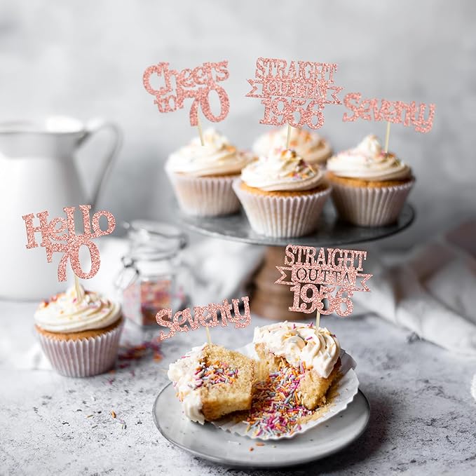 Ephlyn 24Pcs Happy 70th Birthday Cupcake Toppers Glitter Straight Outta 1956 Cupcake Picks Hello 70 Cheers to 70 Years Birthday Cake Decorations for 70th Birthday Anniversary Party Supplies Rose Gold