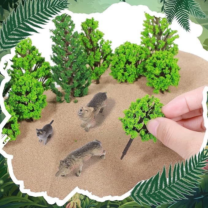 Sratte 26 Pcs Woodland Wolf Figurines Toys Small Wolf Figures with Model Trees Kit Playset Cake Toppers Diorama Project Kit for Kids Toddlers Birthday Gift Decor