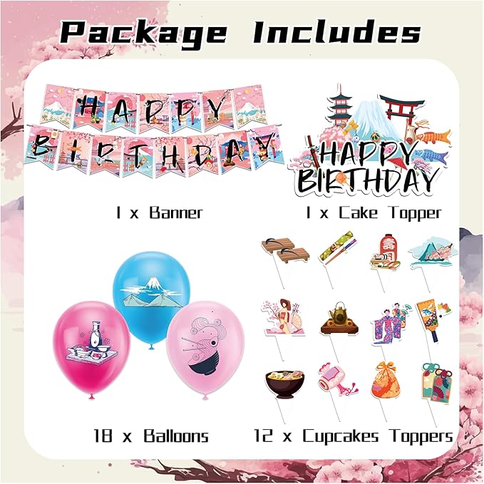 Japanese Party Decorations Japanese Birthday Party Supplies Set, Includes Birthday Banner, Cake Topper, Cupcake Toppers, Latex Balloons