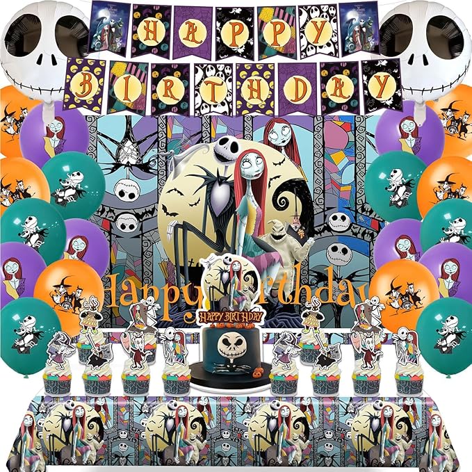 Birthday Decorations, Nightmare Christmas Party Supplies Halloween Birthday Party Decorations Set Includes Banner Balloons Tablecloth Backdrop Hanging Swirls Cake Toppers