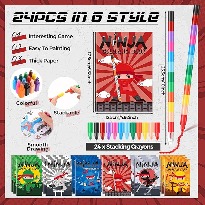 24 Ninja Coloring Book with 24 Stacking Crayons for Kid Mini Drawing Book Bulk Party Favor for Valentine‘s Day Party Supplies Goodie Bag Stuffer Carnival Prize Classroom Gift
