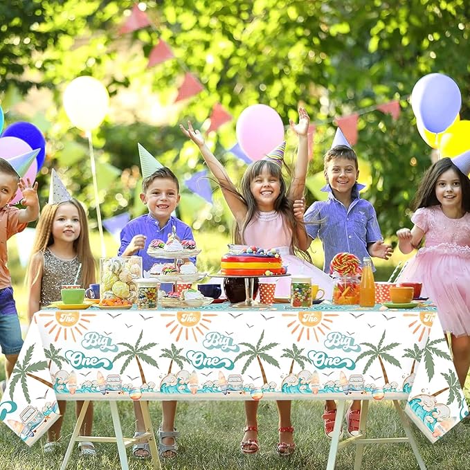 Letromp Surf The Big One Tablecloth Surfing 1st Birthday Table Covers for Hawaiian Palm Tree Retro Summer Beach Wave Theme Boy Surfing First Birthday Baby Shower Party Decorations Supplies