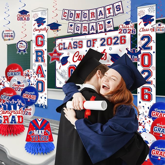Graduation Decorations Class of 2026 White Blue and Red Graduation Party Decor Set include Congrats Grad Banner Backdrop Class of 2026 Balloons Party Supplies