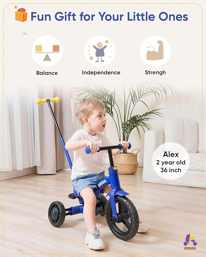 KRIDDO 4-in-1 Kids Tricycle for 1.5 to 3 Yea Old with Parent Steering Push Handle, 12 Inch Front Wheel Trike, Toddler Balance Bike for Boys Girls 18 Months to 3 Years, Adjustable Height, Blue