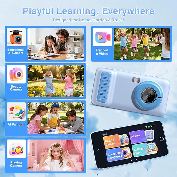 AI Digital Camera for Kids with WiFi, Photo Recognition & Voice Dialogue, 4" Touch Screen AI Kids Smart Camera with Dual Lens, Portable Learning Toy, Christmas Birthday Gift for Ages 3-15 (Blue)