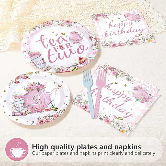 96Pcs Tea for Two Party Supplies Tea 2nd Year Old Girl Birthday Plates and Napkins Pink Floral Teapot Theme Tableware Set for Girls Tea-themed Baby Shower Birthday Party Supplies，Serves 24