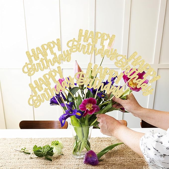 Gyufise 12Pcs Happy Birthday Centerpieces Sticks Double Sided Glitter Birthday Party Decorations Anniversary Table Flower Centerpiece for Celebrating Party Supplies Gold